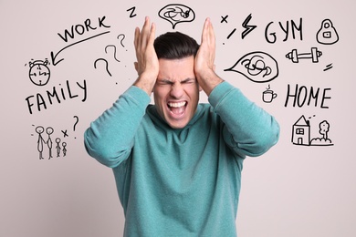 Stressed man, text and drawings on light background