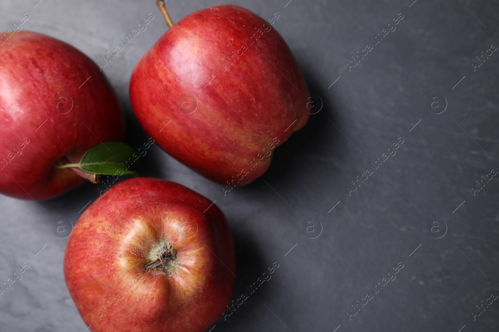 Photo of Ripe red apples on black textured table, flat lay. Space for text