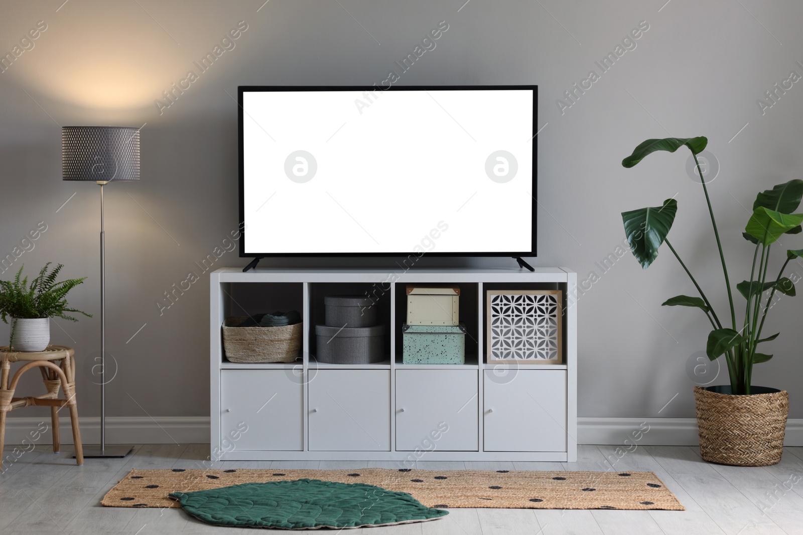 Image of Modern TV on cabinet, floor lamp and beautiful houseplants near light wall indoors. Interior design