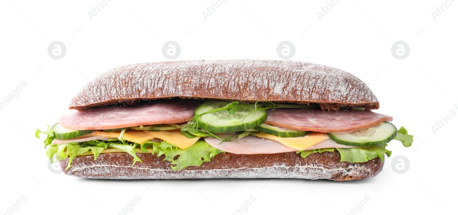 Photo of Tasty sandwich with ham isolated on white