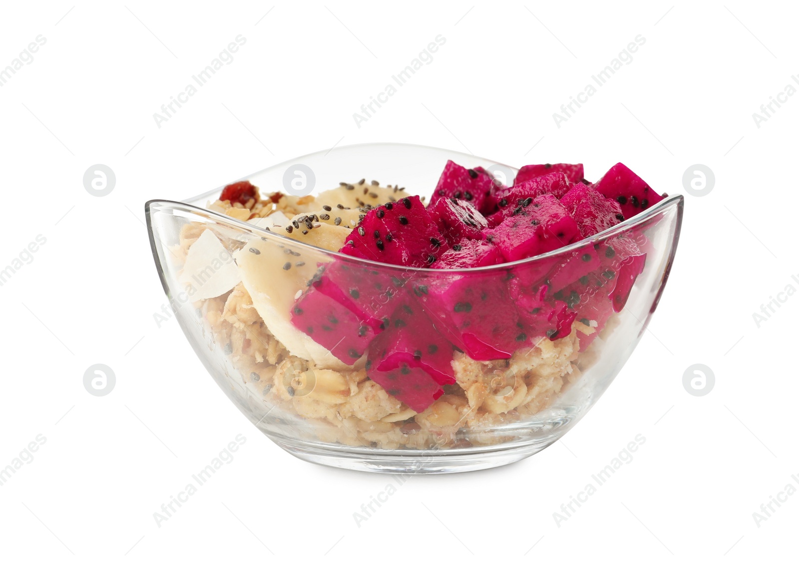 Photo of Bowl of granola with pitahaya and banana isolated on white