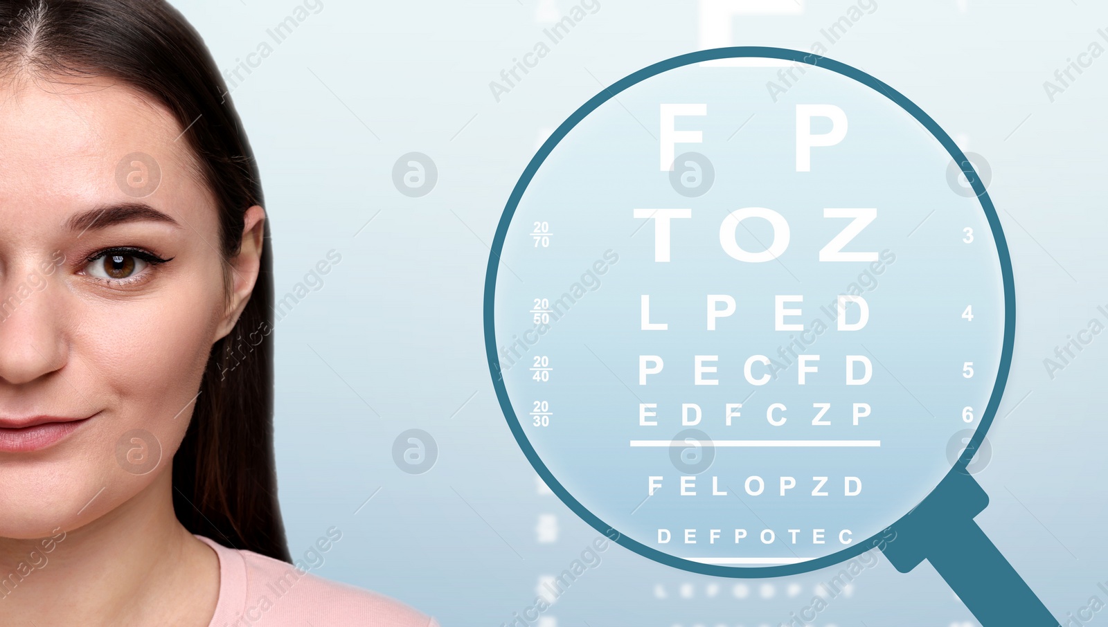 Image of Vision test. Woman and eye chart on light blue background, view through magnifying glass. Banner design