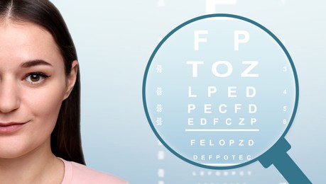 Vision test. Woman and eye chart on light blue background, view through magnifying glass. Banner design