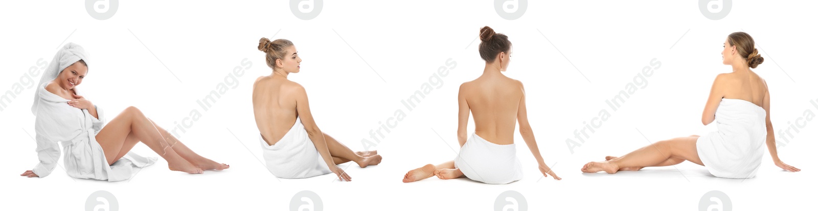 Image of Collage with photos of beautiful women with soft towels on white background. Banner design