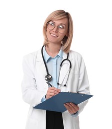 Photo of Smiling doctor with clipboard on white background