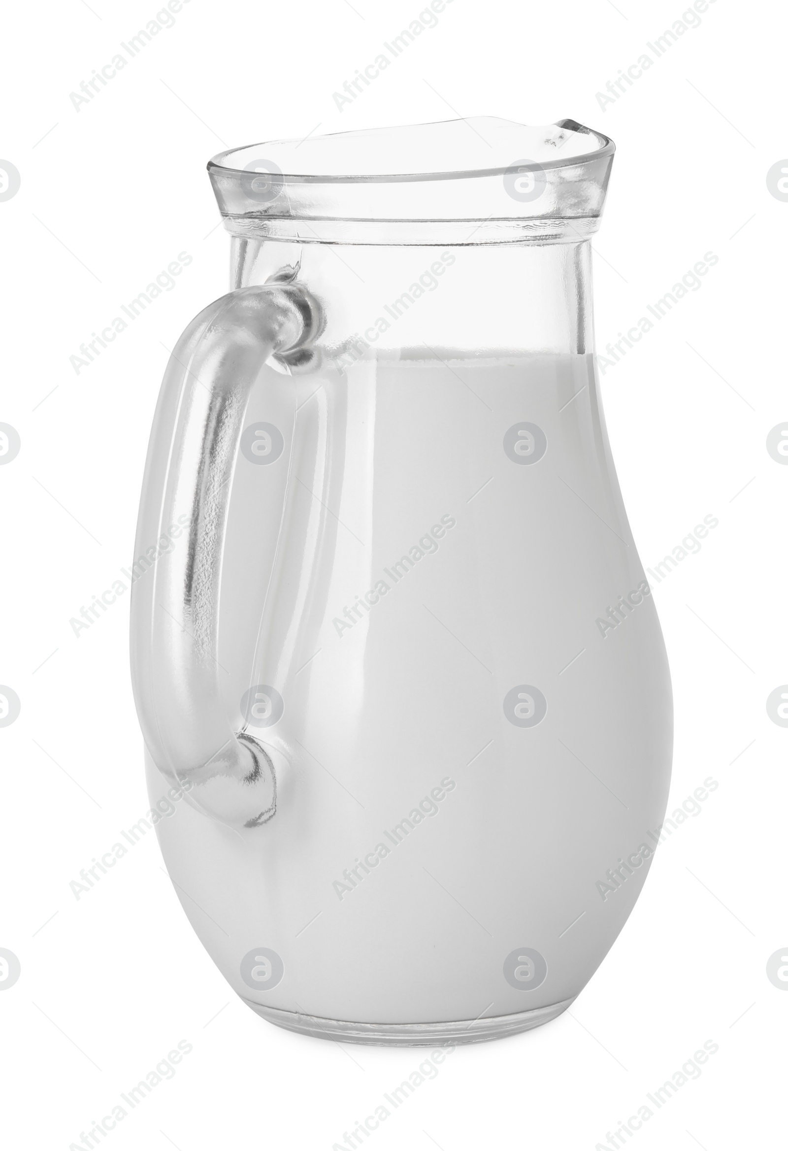 Photo of Glass jug of fresh milk isolated on white