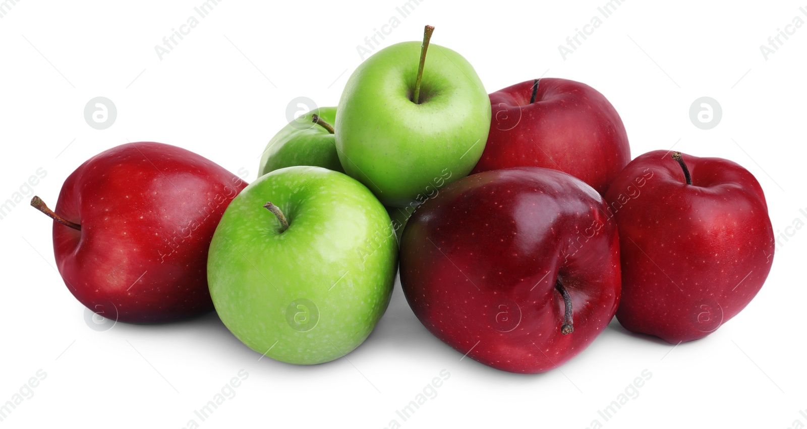 Photo of Fresh ripe green and red apples on white background