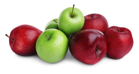 Photo of Fresh ripe green and red apples on white background