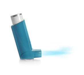Image of Portable asthma inhaler device with steam on white background