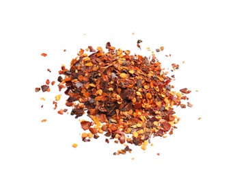 Photo of Crushed chili pepper on white background