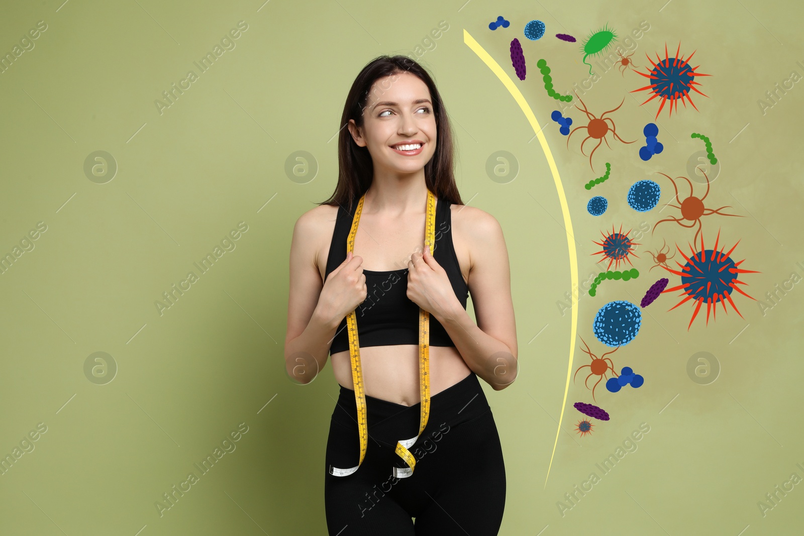 Image of Healthy sporty woman on olive background. Strong immunity - shield against viruses