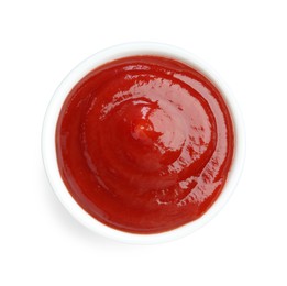 Photo of Tasty ketchup in bowl isolated on white, top view. Tomato sauce