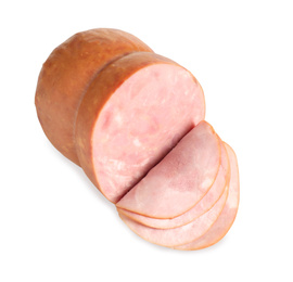 Photo of Tasty fresh sliced ham isolated on white