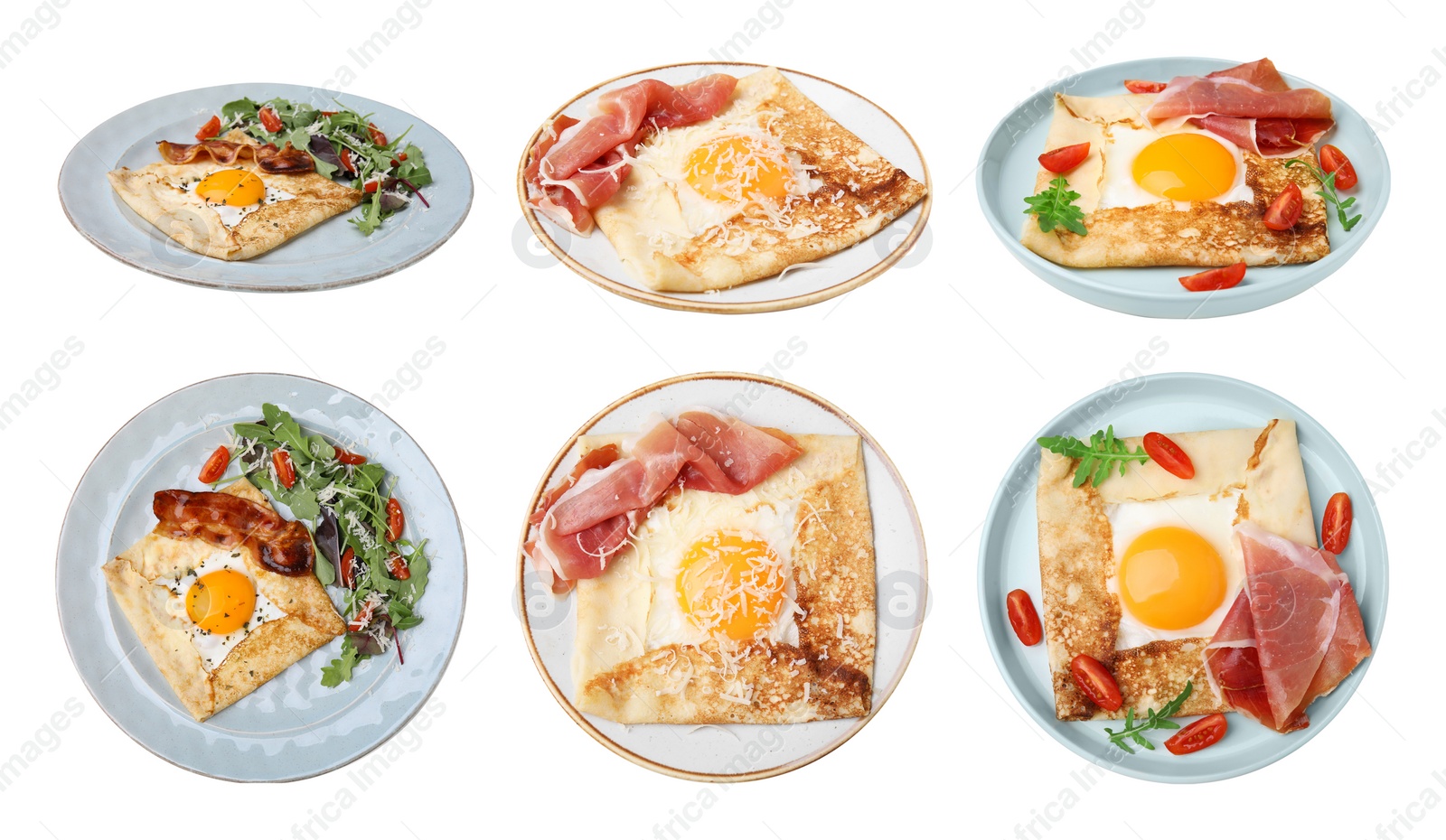 Image of Set with delicious crepes with eggs on white background. Breton galette. Banner design