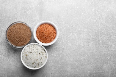 Different kinds of salt on grey table, flat lay. Space for text