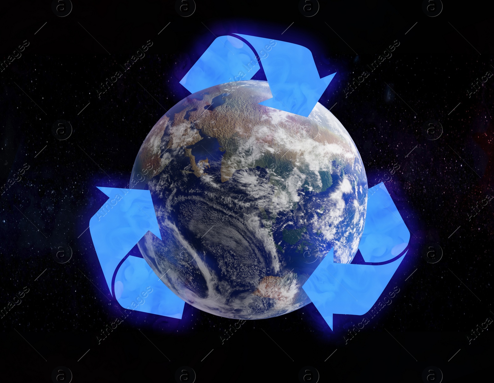 Image of Illustration of recycling symbol and Earth on dark background