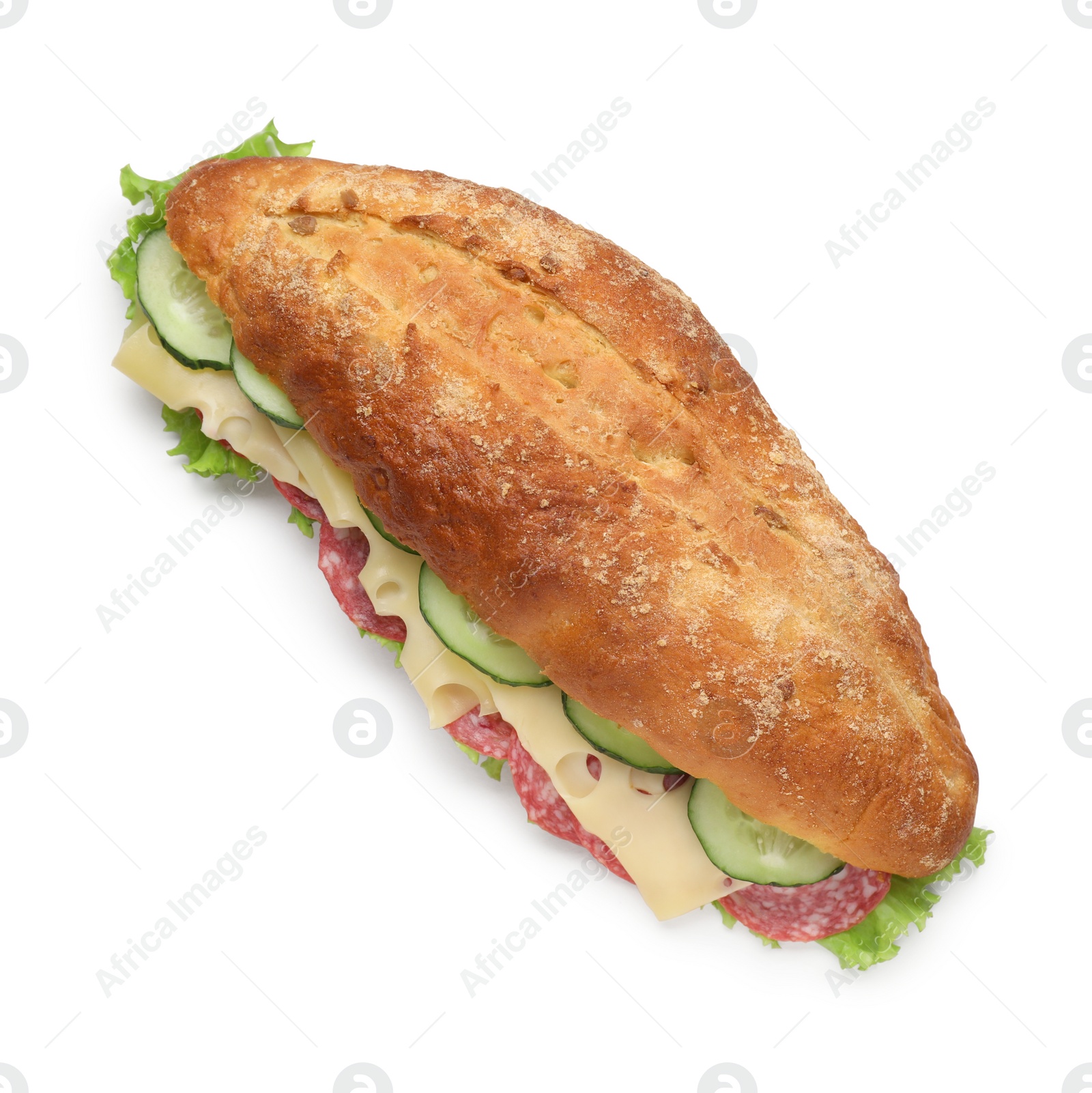 Photo of Delicious sandwich with cucumber, cheese, salami and lettuce leaves isolated on white, top view