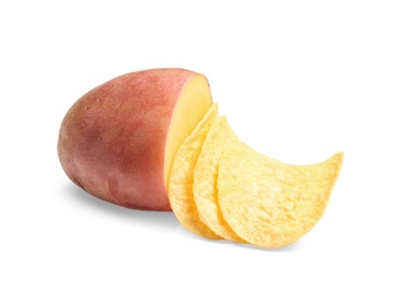 Raw potato and tasty chips on white background