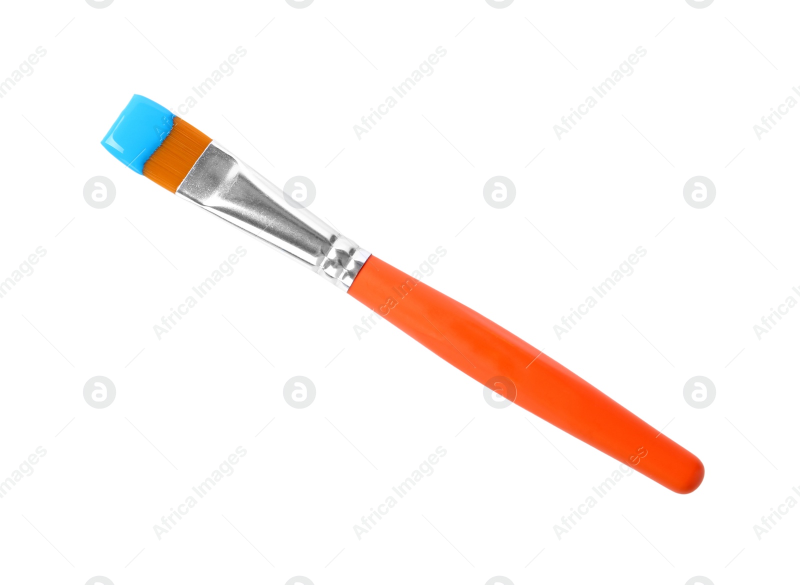 Photo of Brush with color paint on white background, top view