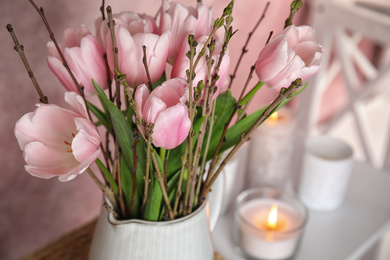 Photo of Beautiful bouquet with spring pink tulips, closeup