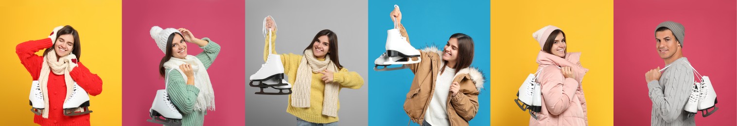 Collage with photos of man and woman with ice skates on color backgrounds, banner design