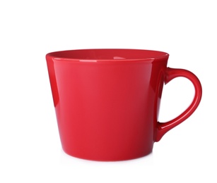 One stylish red cup on white background