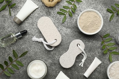 Flat lay composition with pumice stones on grey background