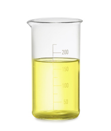 Photo of Beaker with yellow liquid isolated on white