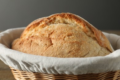 Basket with fresh bread on table, closeup