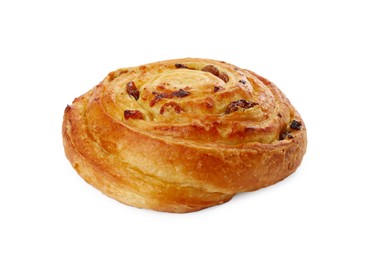 Photo of Freshly baked spiral pastry with raisins isolated on white
