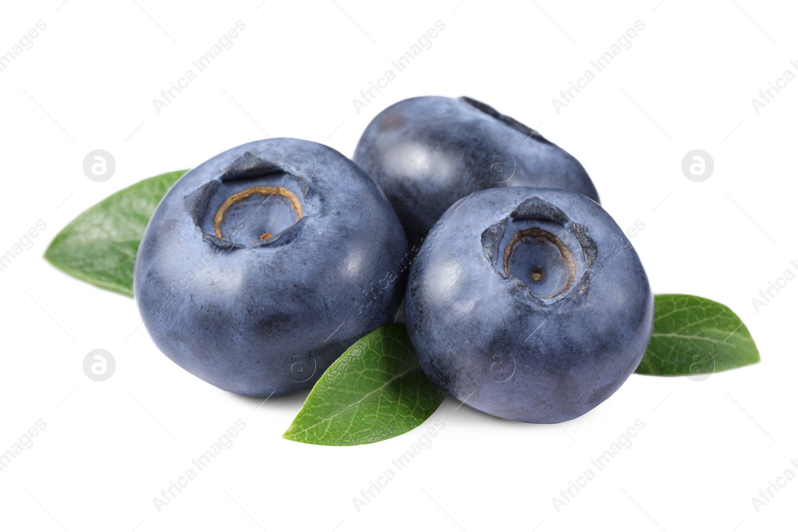 Photo of Fresh ripe blueberries and leaves isolated on white