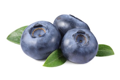 Fresh ripe blueberries and leaves isolated on white