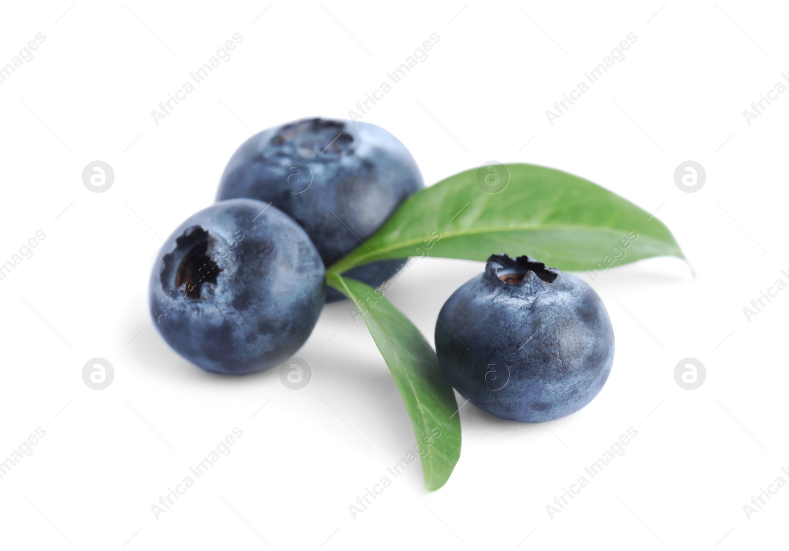 Photo of Fresh ripe blueberries with leaves on white background