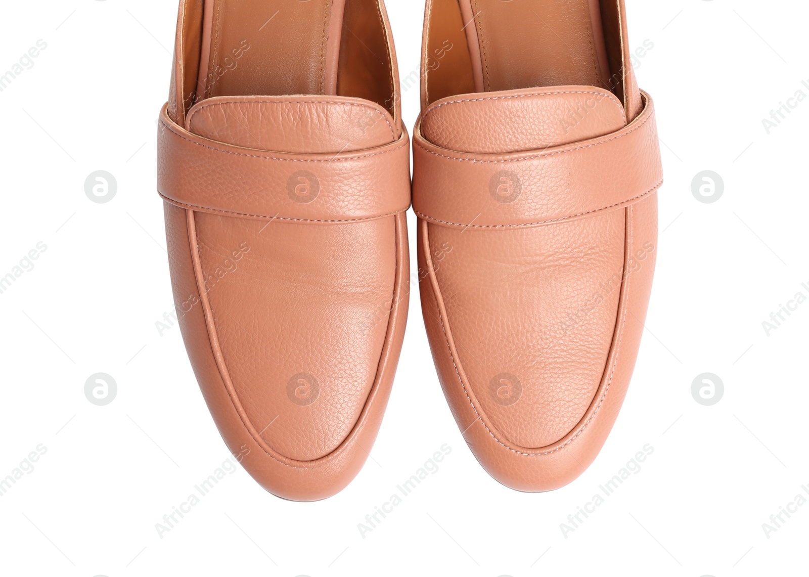 Photo of Stylish female shoes on white background, top view. Trendy footwear
