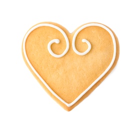 Photo of Decorated heart shaped cookie on white background, top view