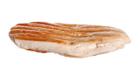 Photo of Tasty grilled chicken fillet isolated on white. Sandwich ingredient