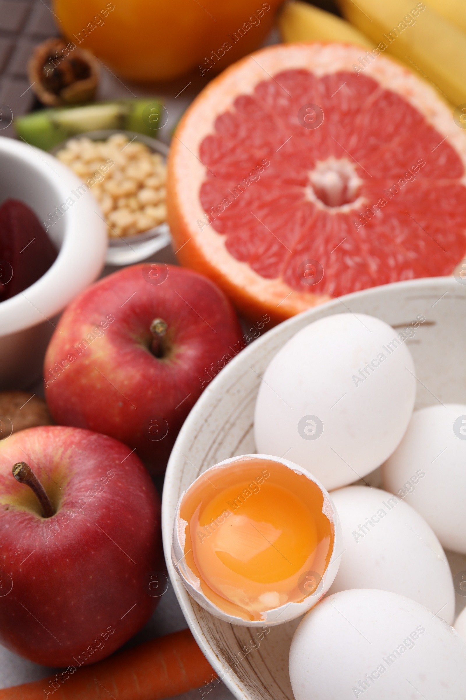 Photo of Many different products on table, closeup. Natural sources of serotonin