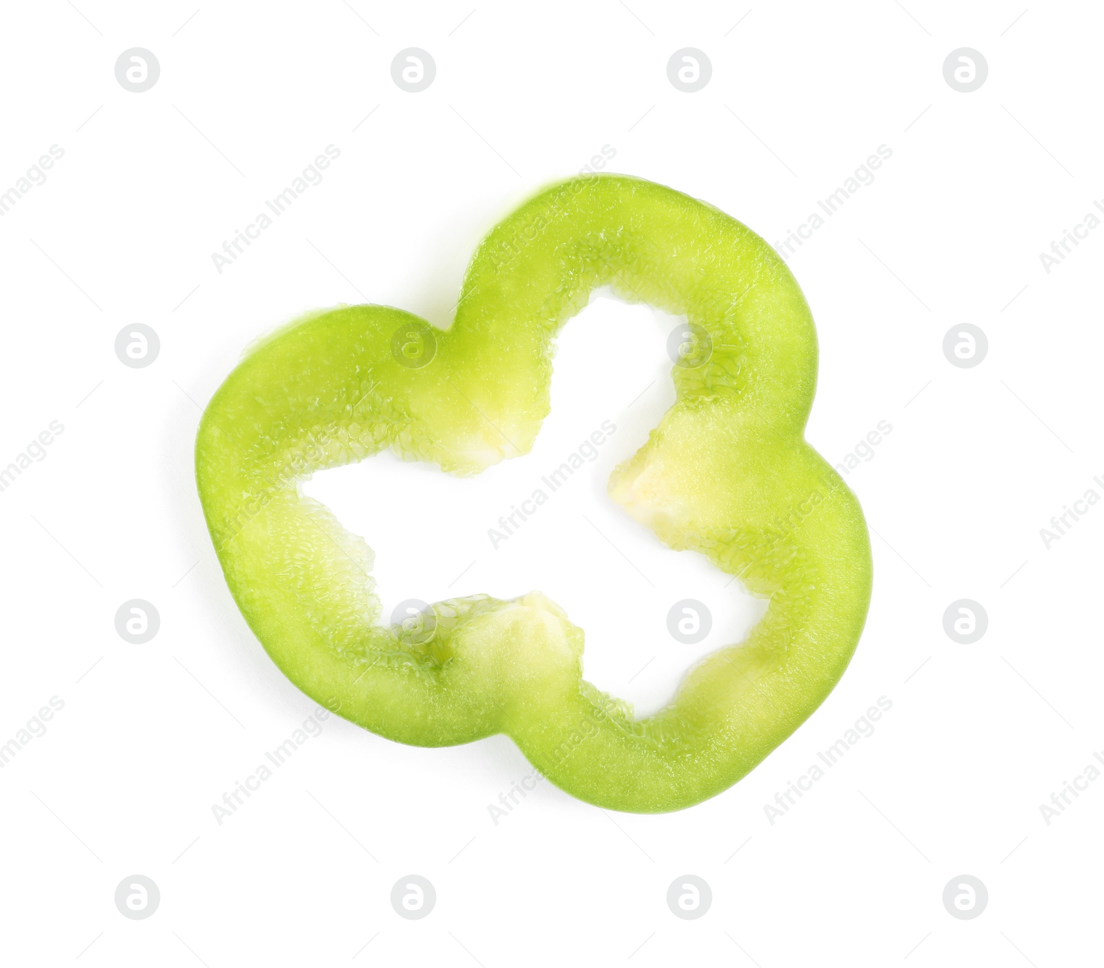 Photo of Slice of ripe green bell pepper isolated on white, top view