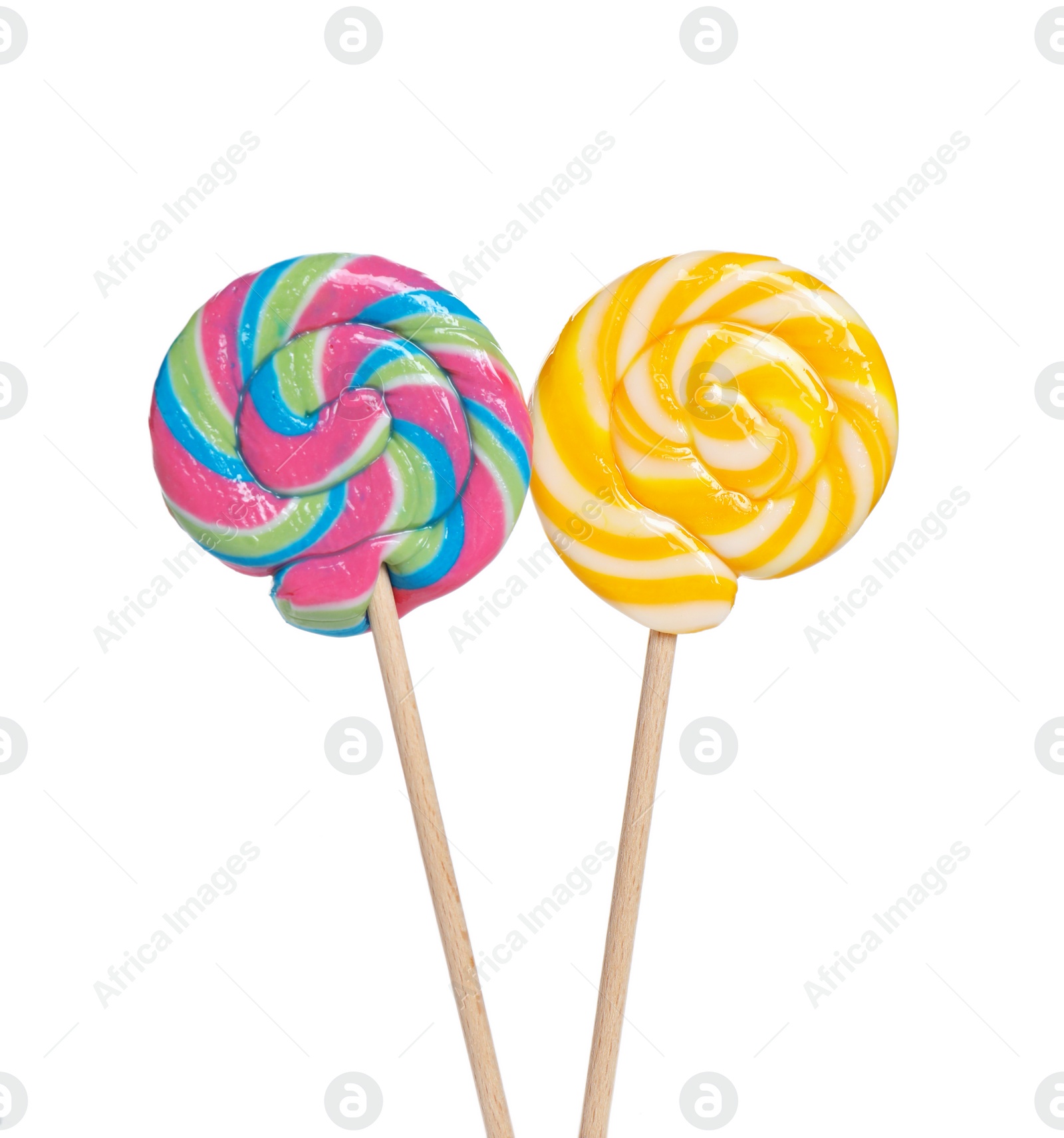 Photo of Sticks with colorful lollipops isolated on white