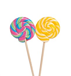 Photo of Sticks with colorful lollipops isolated on white