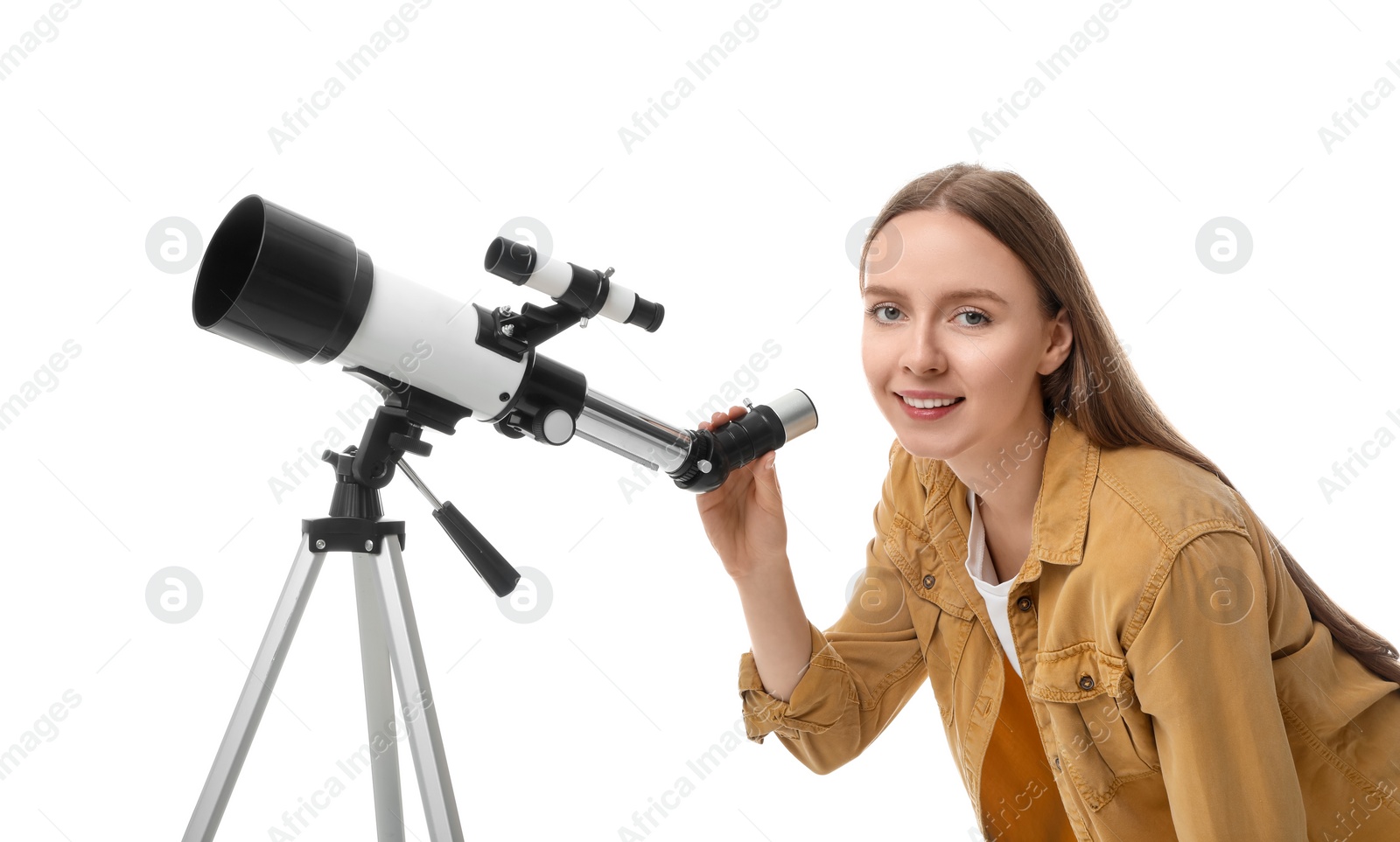Photo of Happy astronomer with telescope on white background