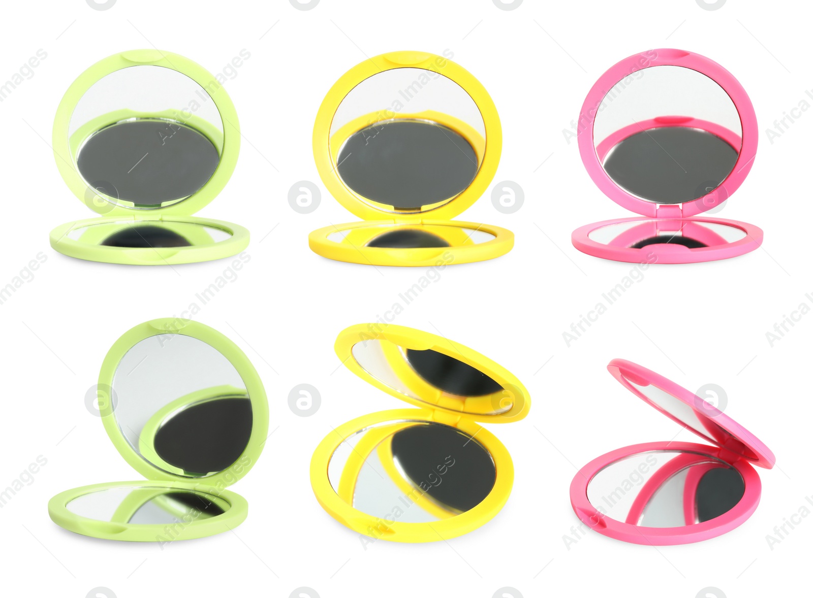 Image of Set with colorful pocket mirrors on white background 