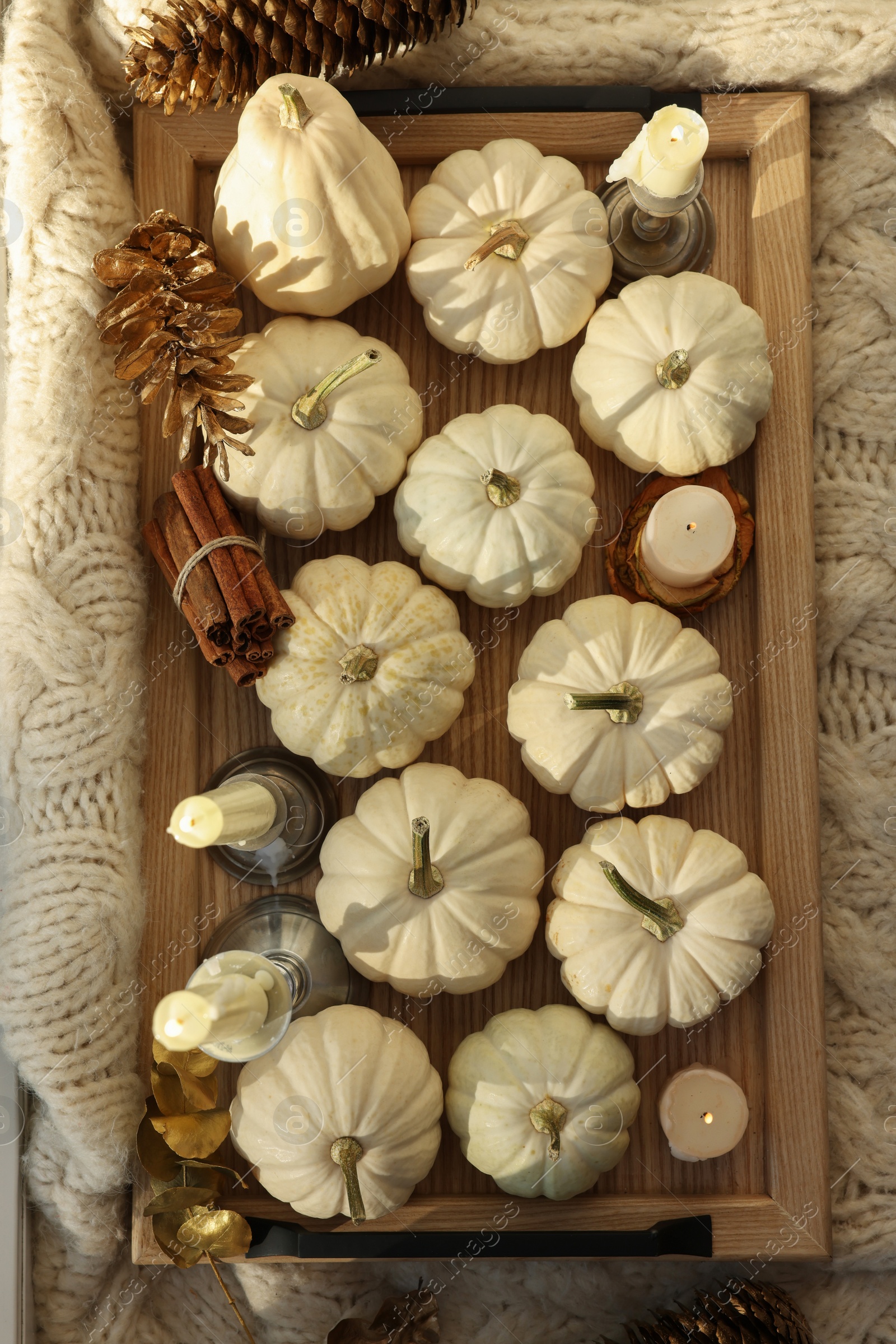Photo of Tray with white pumpkins, cinnamon and burning candles on table indoors, flat lay