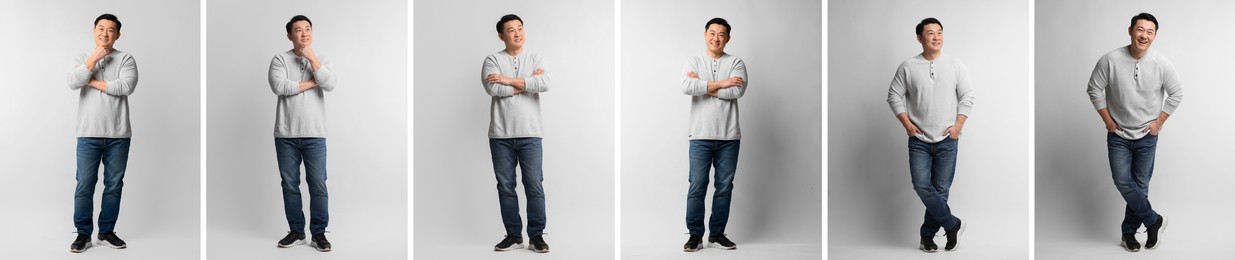 Image of Full length portrait of Asian man on light grey background, set with photos