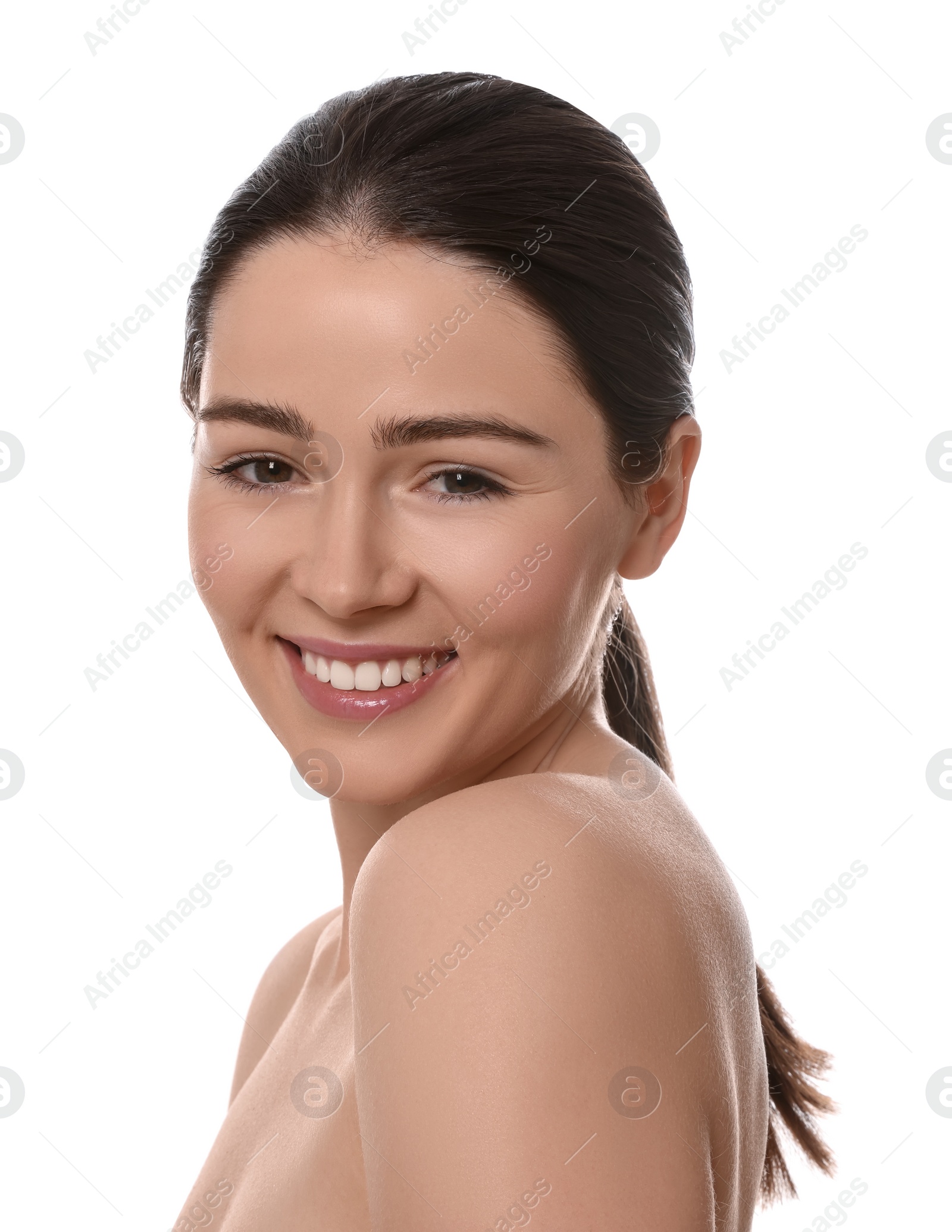 Photo of Portrait of attractive young woman with smooth skin on white background