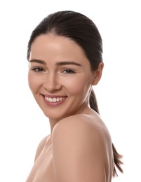 Photo of Portrait of attractive young woman with smooth skin on white background
