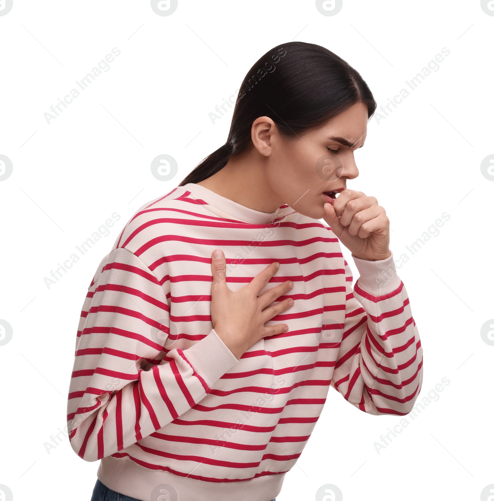 Photo of Woman coughing on white background. Cold symptoms