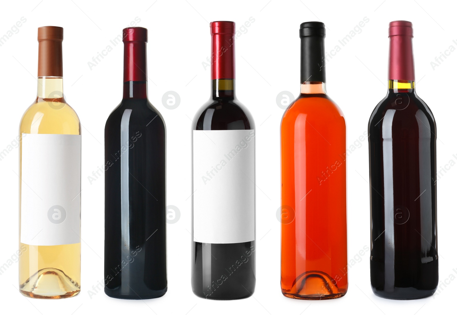 Image of Set with bottles of different delicious expensive wines on white background