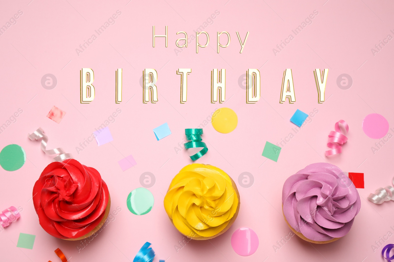 Image of Delicious cupcakes and text Happy Birthday on pink background, flat lay