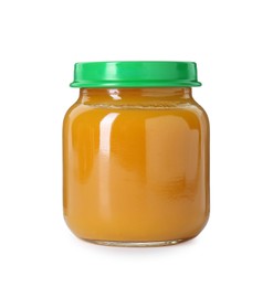 Baby food. Tasty healthy puree in jar isolated on white